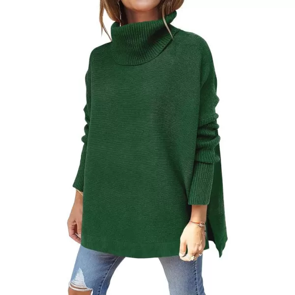imageANRABESS Womens Turtleneck Oversized 2023 Long Batwing Sleeve Spilt Hem Knit Tunic Pullover Sweater TopsDeep Green