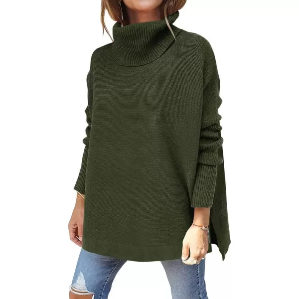 imageANRABESS Womens Turtleneck Oversized 2023 Long Batwing Sleeve Spilt Hem Knit Tunic Pullover Sweater TopsForest
