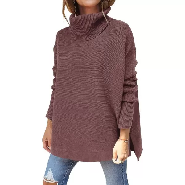 imageANRABESS Womens Turtleneck Oversized 2023 Long Batwing Sleeve Spilt Hem Knit Tunic Pullover Sweater TopsRose