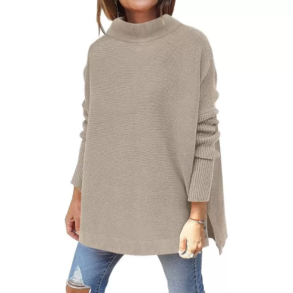 imageANRABESS Womens Turtleneck Oversized Long Batwing Sleeve High Low Spilt Hem Knit Pullover Sweater TopsAlmond