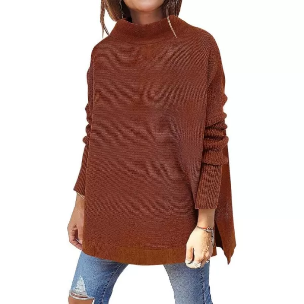 imageANRABESS Womens Turtleneck Oversized Long Batwing Sleeve High Low Spilt Hem Knit Pullover Sweater TopsAuburn