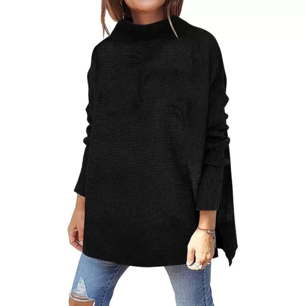imageANRABESS Womens Turtleneck Oversized Long Batwing Sleeve High Low Spilt Hem Knit Pullover Sweater TopsBlack