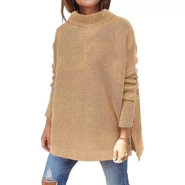 imageANRABESS Womens Turtleneck Oversized Long Batwing Sleeve High Low Spilt Hem Knit Pullover Sweater TopsKhaki