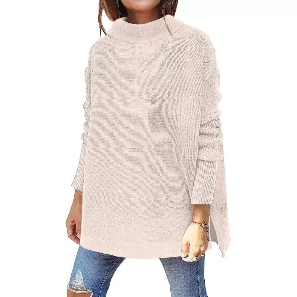imageANRABESS Womens Turtleneck Oversized Long Batwing Sleeve High Low Spilt Hem Knit Pullover Sweater TopsPink