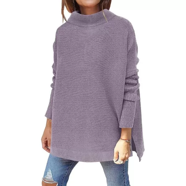 imageANRABESS Womens Turtleneck Oversized Long Batwing Sleeve High Low Spilt Hem Knit Pullover Sweater TopsPurple