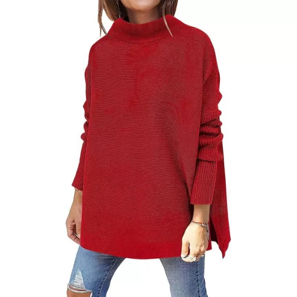 imageANRABESS Womens Turtleneck Oversized Long Batwing Sleeve High Low Spilt Hem Knit Pullover Sweater TopsRed