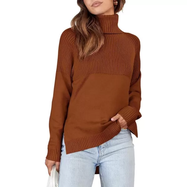 imageANRABESS Womens Turtleneck Oversized Long Sleeve Casual Rib Knit Slit Hem Pullover Sweater TopsBrwon