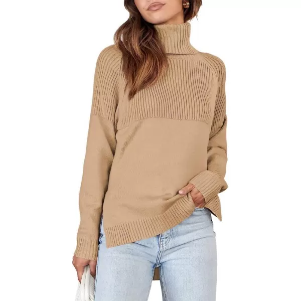 imageANRABESS Womens Turtleneck Oversized Long Sleeve Casual Rib Knit Slit Hem Pullover Sweater TopsKhaki