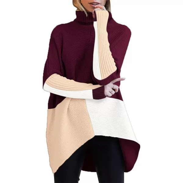 imageANRABESS Womens Turtleneck Oversized Sweater 2023 Long Batwing Sleeve Asymmetric Hem Casual Knit Pullover Tunic SweaterZcolorblock