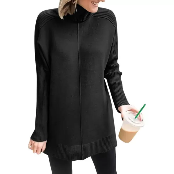 imageANRABESS Womens Turtleneck Oversized Sweaters 2023 Fall Long Sleeve Knit Split Hem Tunic Pullover TopsBlack