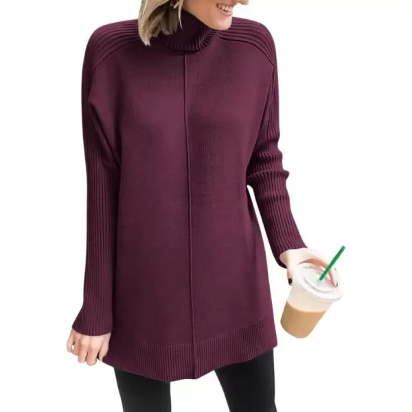 imageANRABESS Womens Turtleneck Oversized Sweaters 2023 Fall Long Sleeve Knit Split Hem Tunic Pullover TopsBurgundy