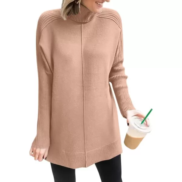 imageANRABESS Womens Turtleneck Oversized Sweaters 2023 Fall Long Sleeve Knit Split Hem Tunic Pullover TopsKhaki Pink
