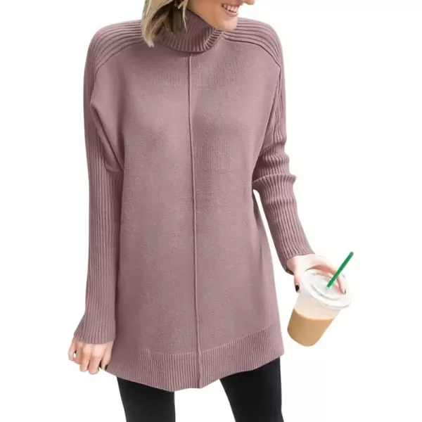 imageANRABESS Womens Turtleneck Oversized Sweaters 2023 Fall Long Sleeve Knit Split Hem Tunic Pullover TopsNutmeg