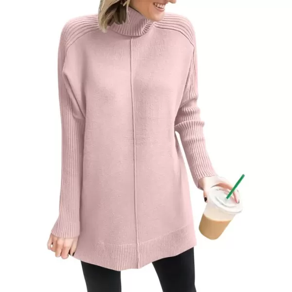 imageANRABESS Womens Turtleneck Oversized Sweaters 2023 Fall Long Sleeve Knit Split Hem Tunic Pullover TopsPink