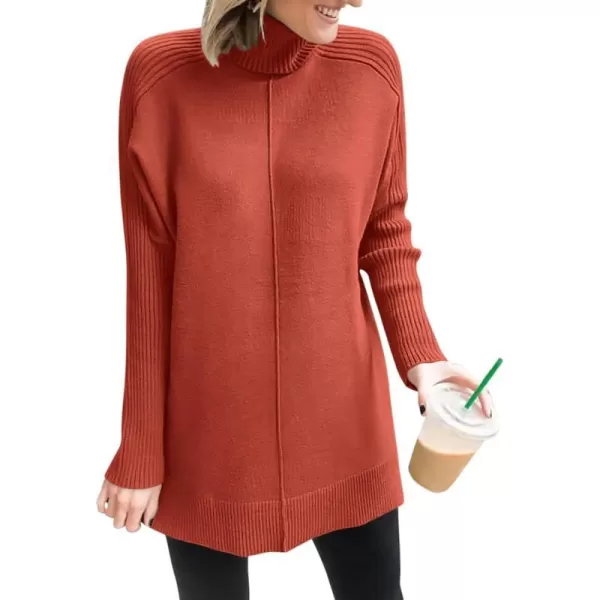 imageANRABESS Womens Turtleneck Oversized Sweaters 2023 Fall Long Sleeve Knit Split Hem Tunic Pullover TopsRust