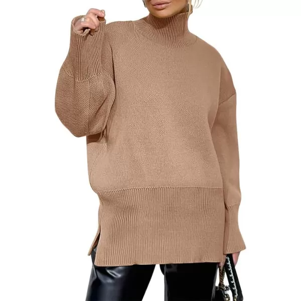 imageANRABESS Womens Turtleneck Oversized Sweaters Long Sleeve Chunky Side Slit Tunic Pullover Sweater Knit TopsLight Camel