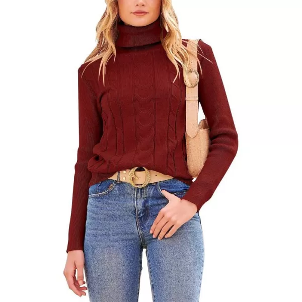 imageANRABESS Womens Turtleneck Sweaters Long Sleeve Cable Knit Pullover Sweaters TopRed