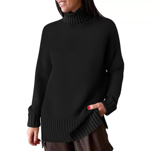 imageANRABESS Womens Turtleneck Sweaters Oversized Long Sleeve Split Hem Chunky Knit Casual Pullover Sweater Tops JumperBlack