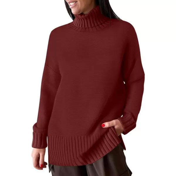 imageANRABESS Womens Turtleneck Sweaters Oversized Long Sleeve Split Hem Chunky Knit Casual Pullover Sweater Tops JumperBurgundy