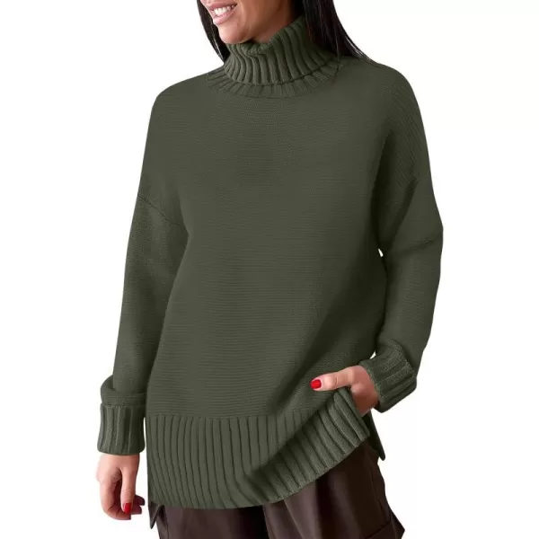 imageANRABESS Womens Turtleneck Sweaters Oversized Long Sleeve Split Hem Chunky Knit Casual Pullover Sweater Tops JumperGreen