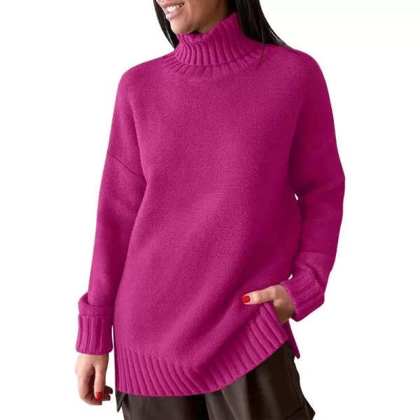 imageANRABESS Womens Turtleneck Sweaters Oversized Long Sleeve Split Hem Chunky Knit Casual Pullover Sweater Tops JumperHot Pink