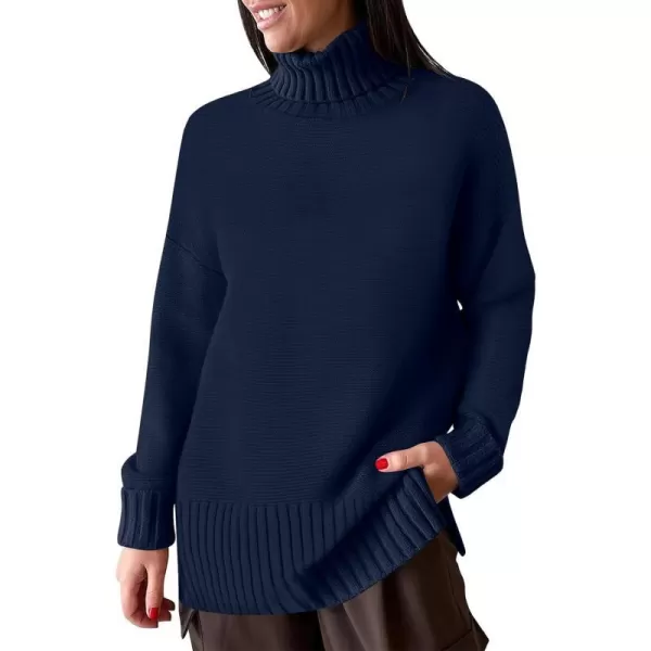 imageANRABESS Womens Turtleneck Sweaters Oversized Long Sleeve Split Hem Chunky Knit Casual Pullover Sweater Tops JumperNavy Blue