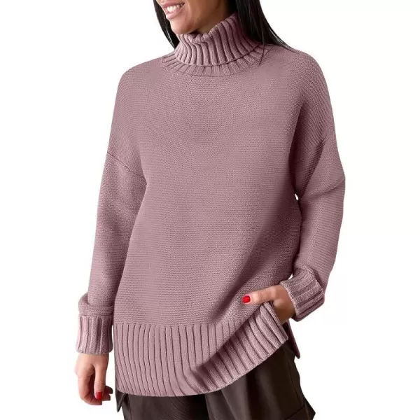 imageANRABESS Womens Turtleneck Sweaters Oversized Long Sleeve Split Hem Chunky Knit Casual Pullover Sweater Tops JumperNutmeg