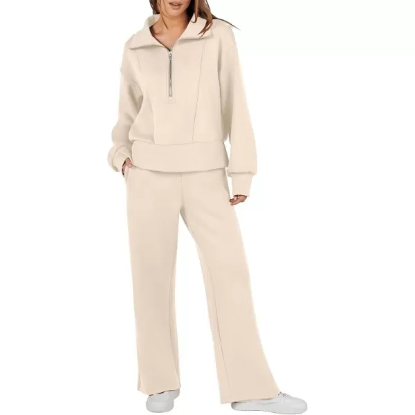 imageANRABESS Womens Two Piece Outfits 2023 Fall Sweatsuit Set Half Zip Cropped Sweatshirt Wide Leg Sweatpant Lounge SetApricot
