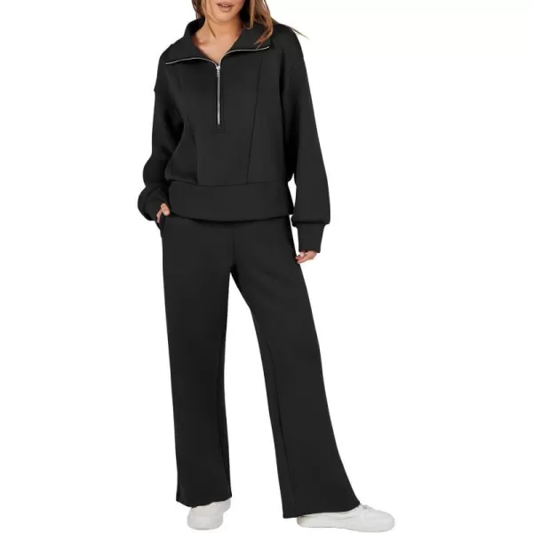 imageANRABESS Womens Two Piece Outfits 2023 Fall Sweatsuit Set Half Zip Cropped Sweatshirt Wide Leg Sweatpant Lounge SetBlack