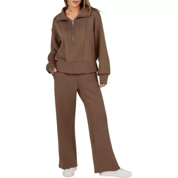 imageANRABESS Womens Two Piece Outfits 2023 Fall Sweatsuit Set Half Zip Cropped Sweatshirt Wide Leg Sweatpant Lounge SetBrown