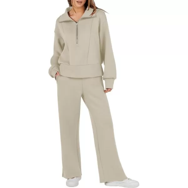 imageANRABESS Womens Two Piece Outfits 2023 Fall Sweatsuit Set Half Zip Cropped Sweatshirt Wide Leg Sweatpant Lounge SetLight Khaki