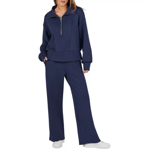 imageANRABESS Womens Two Piece Outfits 2023 Fall Sweatsuit Set Half Zip Cropped Sweatshirt Wide Leg Sweatpant Lounge SetNavy Blue