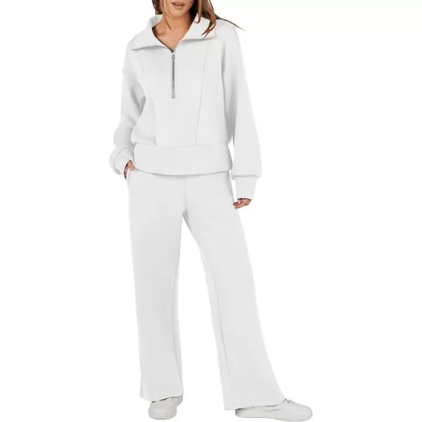 imageANRABESS Womens Two Piece Outfits 2023 Fall Sweatsuit Set Half Zip Cropped Sweatshirt Wide Leg Sweatpant Lounge SetWhite