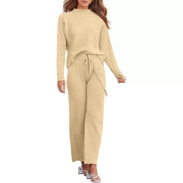 imageANRABESS Womens Two Piece Outfits Batwing Long Sleeve Crop Top amp Ribbed Knit Wide Leg Pants Loungewear Sweater SetsApricot