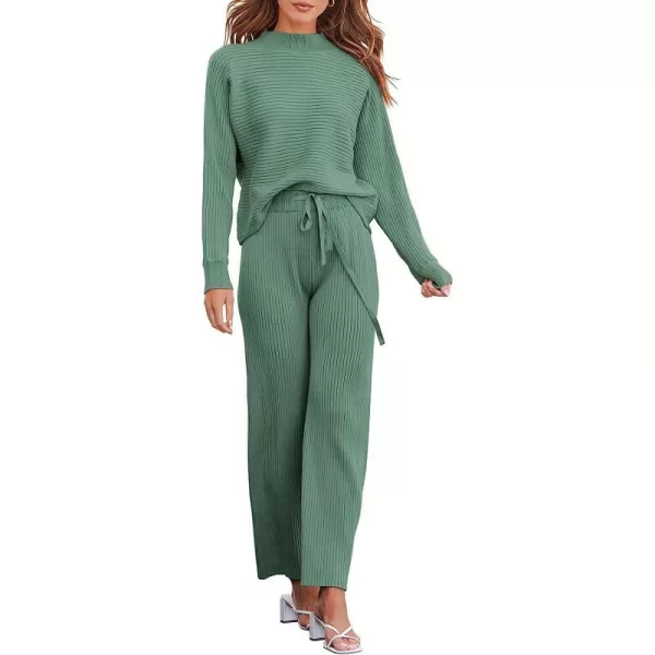 imageANRABESS Womens Two Piece Outfits Batwing Long Sleeve Crop Top amp Ribbed Knit Wide Leg Pants Loungewear Sweater SetsGray Green