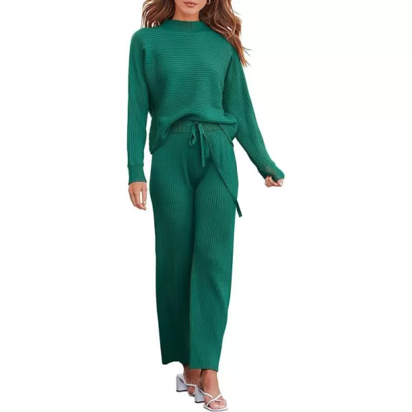 imageANRABESS Womens Two Piece Outfits Batwing Long Sleeve Crop Top amp Ribbed Knit Wide Leg Pants Loungewear Sweater SetsGreen