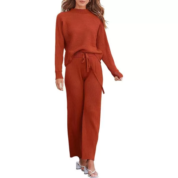 imageANRABESS Womens Two Piece Outfits Batwing Long Sleeve Crop Top amp Ribbed Knit Wide Leg Pants Loungewear Sweater SetsRust