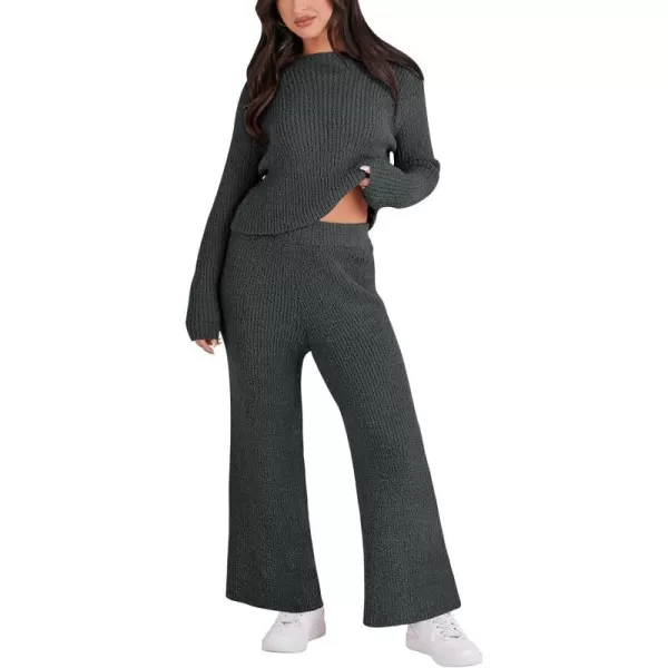imageANRABESS Womens Two Piece Outfits Chunky Knit Fuzzy Sweater Set Long Sleeve Crop Pullover Wide Leg Pant Matching Lounge SetGrey