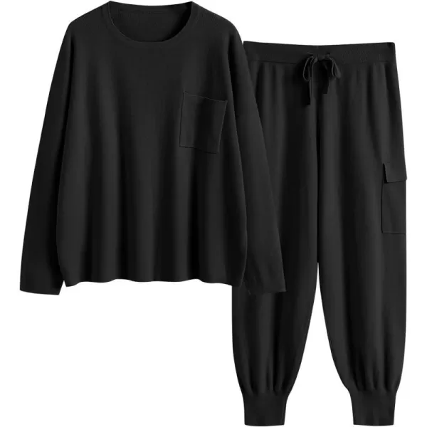 imageANRABESS Womens Two Piece Outfits Knit Sweater Sets Long Sleeve Pullover Tops Cargo Jogger Pants Lounge Matching SetsBlack