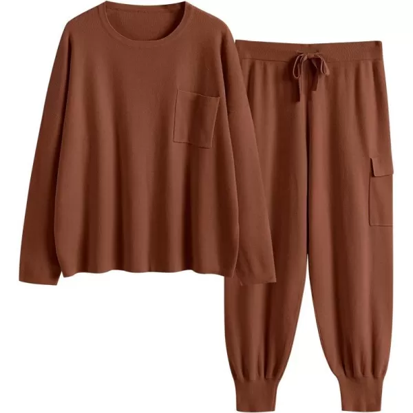 imageANRABESS Womens Two Piece Outfits Knit Sweater Sets Long Sleeve Pullover Tops Cargo Jogger Pants Lounge Matching SetsBrown
