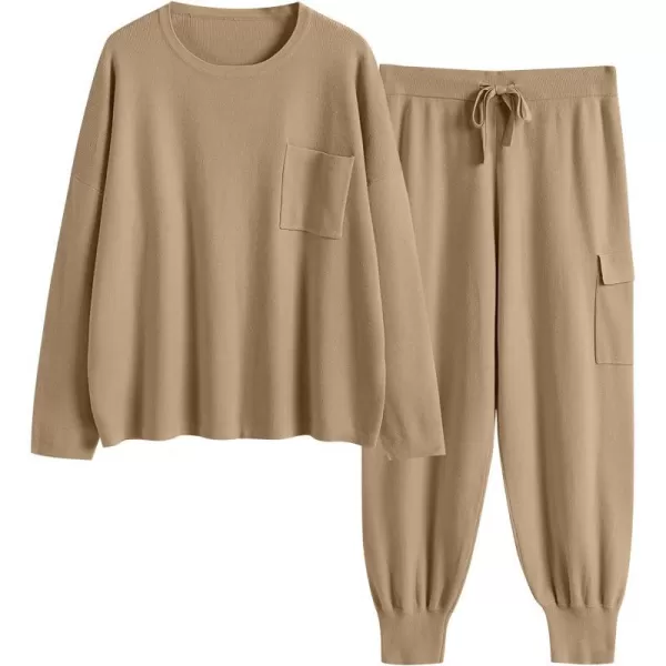 imageANRABESS Womens Two Piece Outfits Knit Sweater Sets Long Sleeve Pullover Tops Cargo Jogger Pants Lounge Matching SetsCamel
