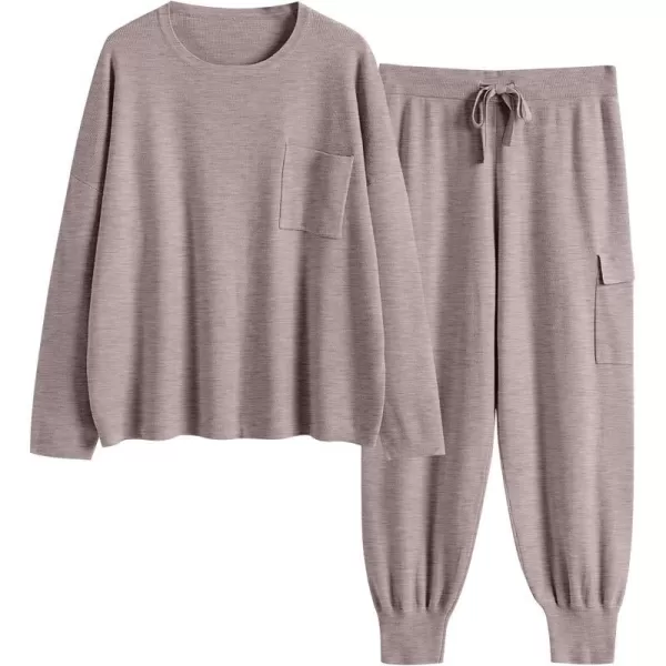 imageANRABESS Womens Two Piece Outfits Knit Sweater Sets Long Sleeve Pullover Tops Cargo Jogger Pants Lounge Matching SetsKhaki