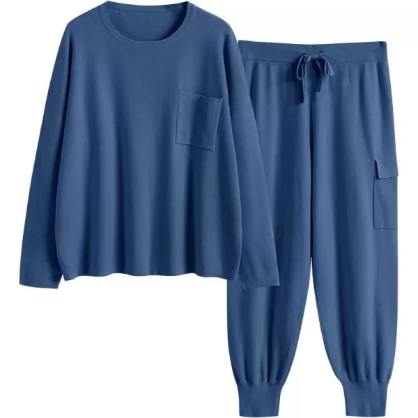 imageANRABESS Womens Two Piece Outfits Knit Sweater Sets Long Sleeve Pullover Tops Cargo Jogger Pants Lounge Matching SetsNavy Blue