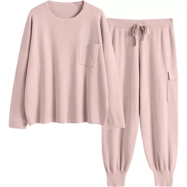 imageANRABESS Womens Two Piece Outfits Knit Sweater Sets Long Sleeve Pullover Tops Cargo Jogger Pants Lounge Matching SetsPink