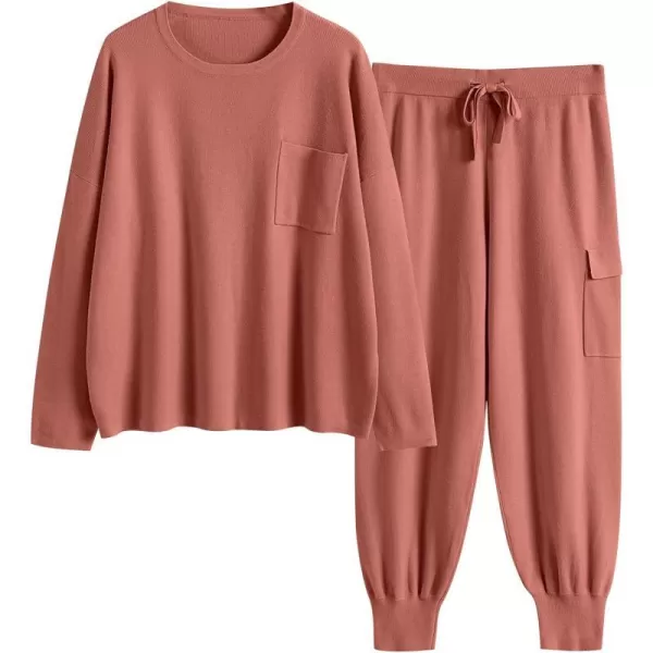 imageANRABESS Womens Two Piece Outfits Knit Sweater Sets Long Sleeve Pullover Tops Cargo Jogger Pants Lounge Matching SetsRust