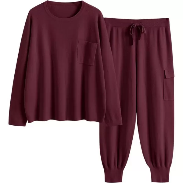 imageANRABESS Womens Two Piece Outfits Knit Sweater Sets Long Sleeve Pullover Tops Cargo Jogger Pants Lounge Matching SetsWine Red
