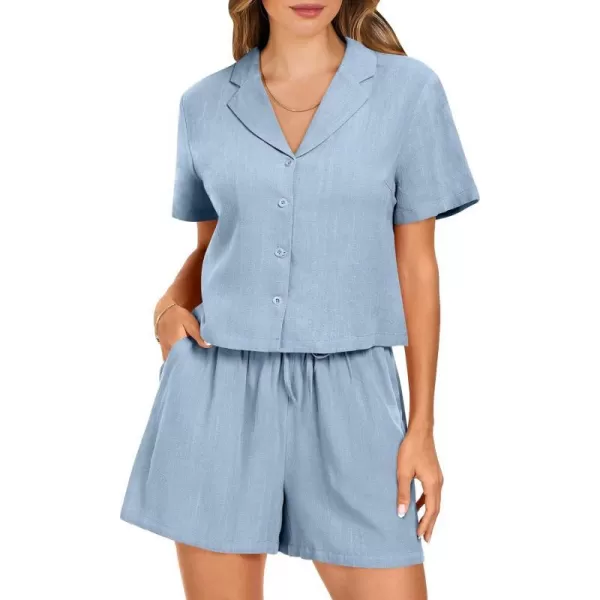imageANRABESS Womens Two Piece Outfits Linen Sets Short Sleeve Button Crop Tops Casual Lounge Shorts Set with PocketsLight Blue