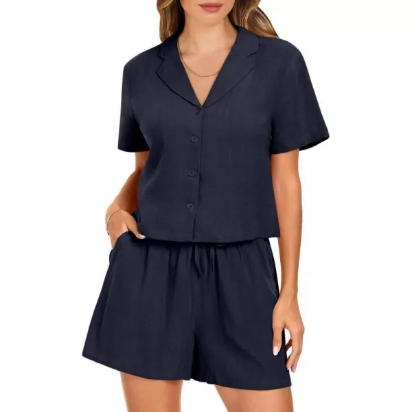 imageANRABESS Womens Two Piece Outfits Linen Sets Short Sleeve Button Crop Tops Casual Lounge Shorts Set with PocketsNavy Blue