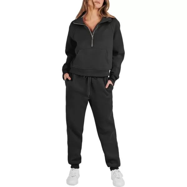 imageANRABESS Womens Two Piece Outfits Long Sleeve 2023 Fall Half Zip Sweatshirt with Jogger Pants Lounge Sets with PocketsBlack