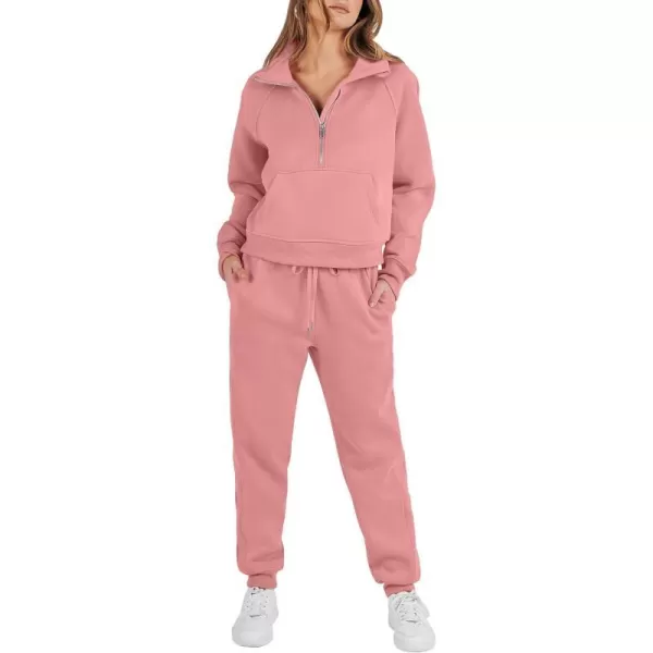 imageANRABESS Womens Two Piece Outfits Long Sleeve 2023 Fall Half Zip Sweatshirt with Jogger Pants Lounge Sets with PocketsDark Pink